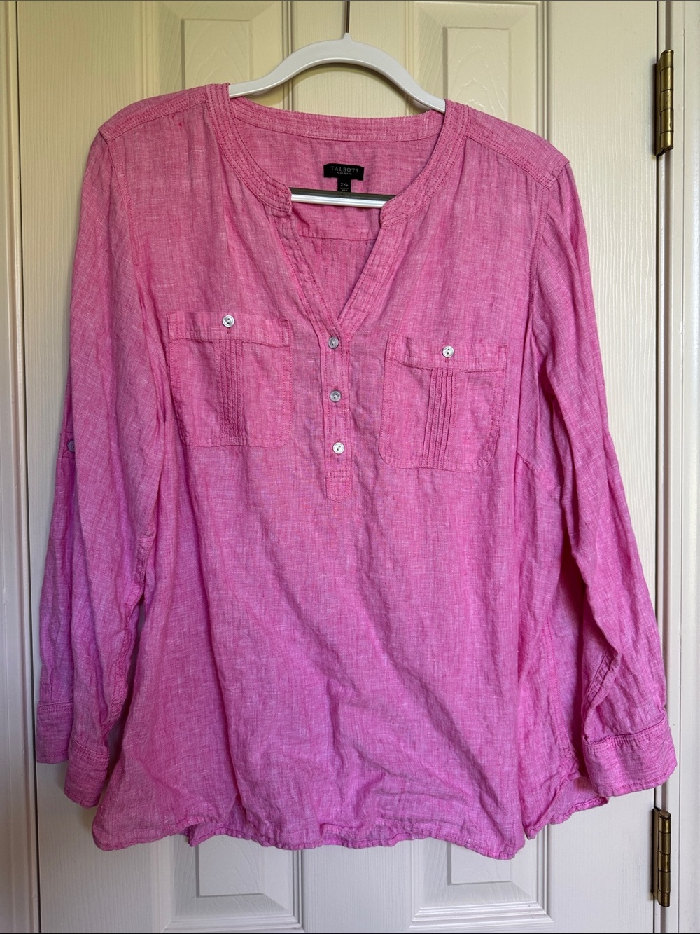 Talbots Pink Button-Front Henley Linen Blouse 2X Petite